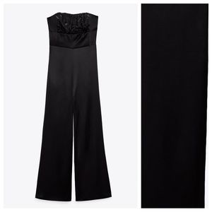 NWT. Zara Black Satin Effect Corset Style Straight Leg Jumpsuit. Size M.